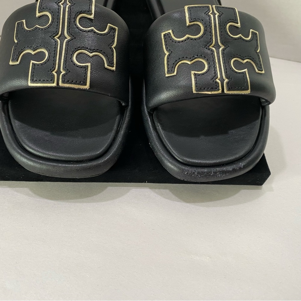 NEW Tory Burch Ines Slide Sandals Black Leather Double-T Logo - Picture 5 of 14